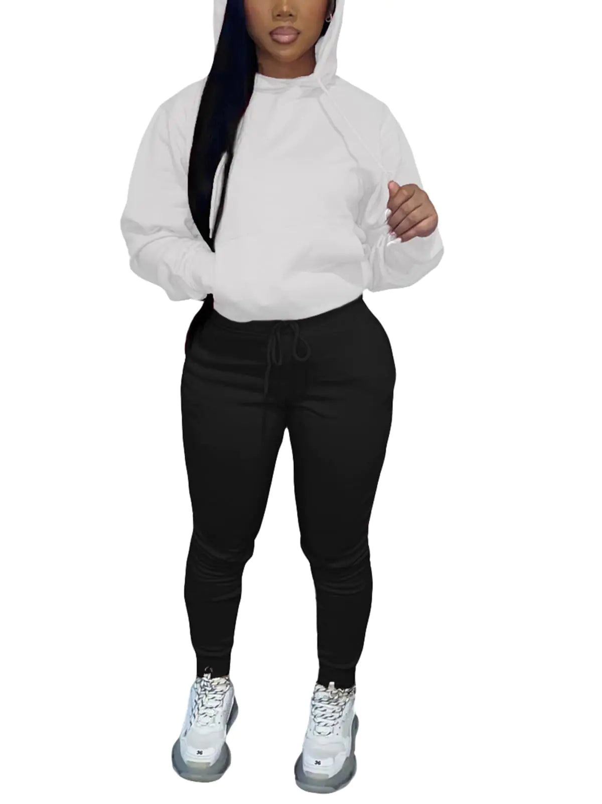 Alunzoem Casual Outfits for Women Sweatsuit 2 Piece Set Long Sleeve Hoodie Pullover Jogger Pants Track Suit White Black S