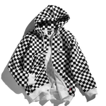 Fashionable Black and White Checkered Hoodie for Couples