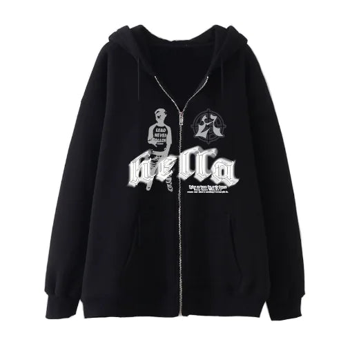 Women's Black Zip Hoodie - Street Hip Hop Goth Harajuku