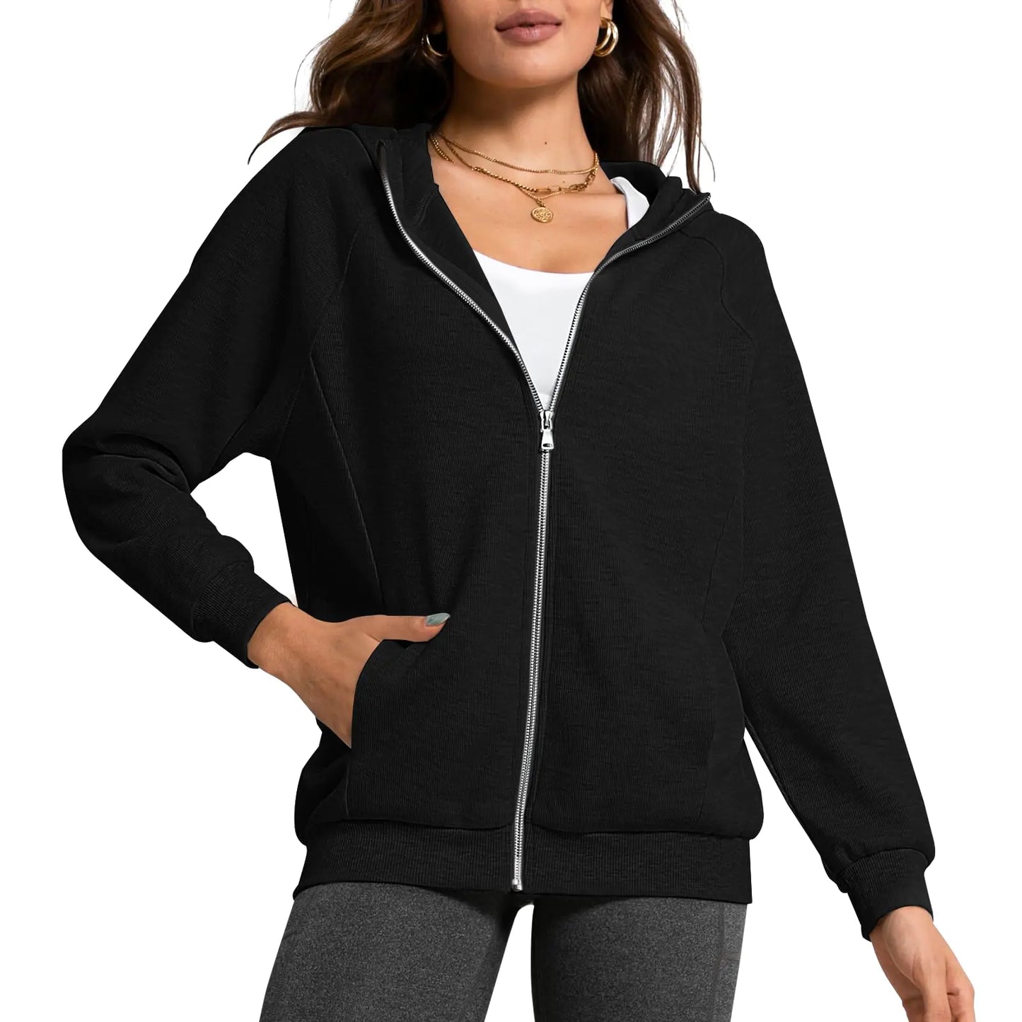 aquota Zip Up Hoodie Women Oversized Zip Up Hoodie for Women Long Sleeve Waffle Knit Jacket Shirts Oversized Hoodies Jackets (US Alpha Small Regular Regular Black)