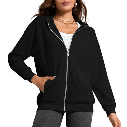 aquota Zip Up Hoodie Women Oversized Zip Up Hoodie for Women Long Sleeve Waffle Knit Jacket Shirts Oversized Hoodies Jackets (US Alpha Small Regular Regular Black)