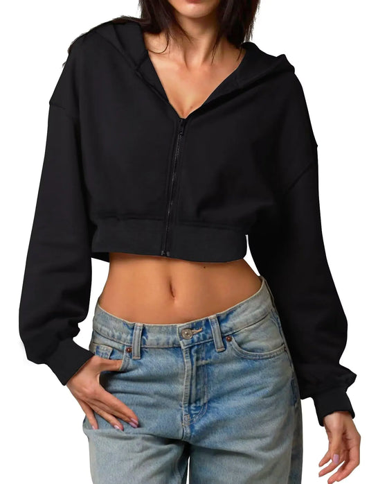 TZLDN Womens Cropped Hoodie Zip Up Sweatshirts Long Sleeve Tops Hooded Jackets Basic Fall Casual Outfits Black - Large