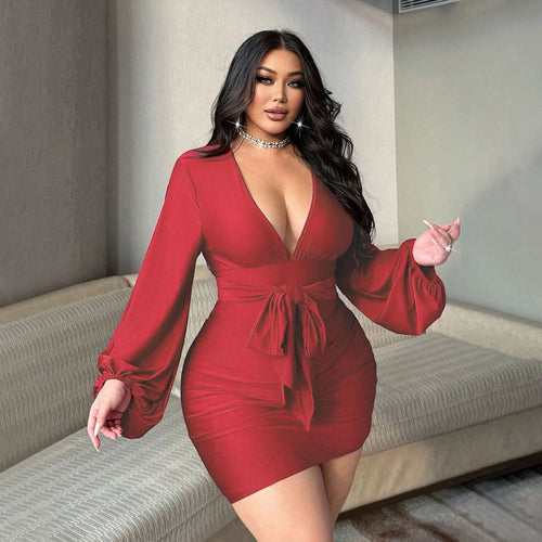 Plus Size Women Clothes Sexy V neck Dress Summer High Waist Sheath