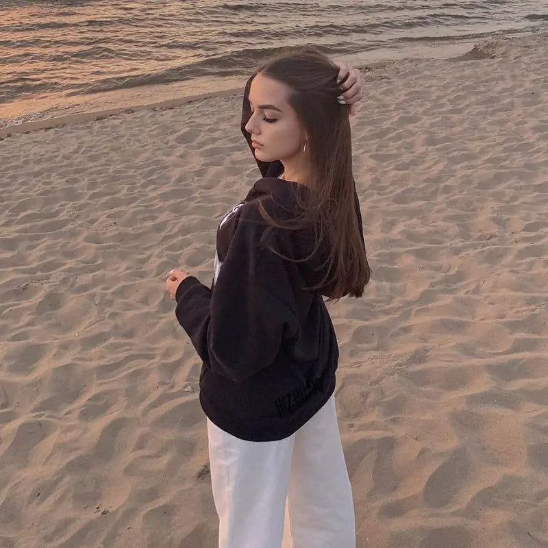 Women's Black Zip Hoodie - Street Hip Hop Goth Harajuku