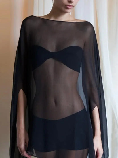 Woman Clothes See-through Chiffon Blouses Sexy Fashion Solid Cover-ups Ladies Elegant Night Club Tops White Black Streetwear