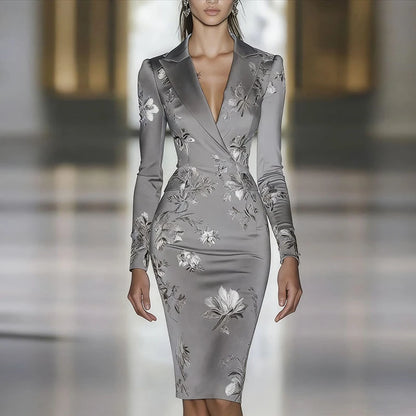 Woman Clothes Dresses 2025 Spring Floral Print Bodycon Elegant Evening Dress Autumn Long Sleeve Turn-down Collar Commute Dresses