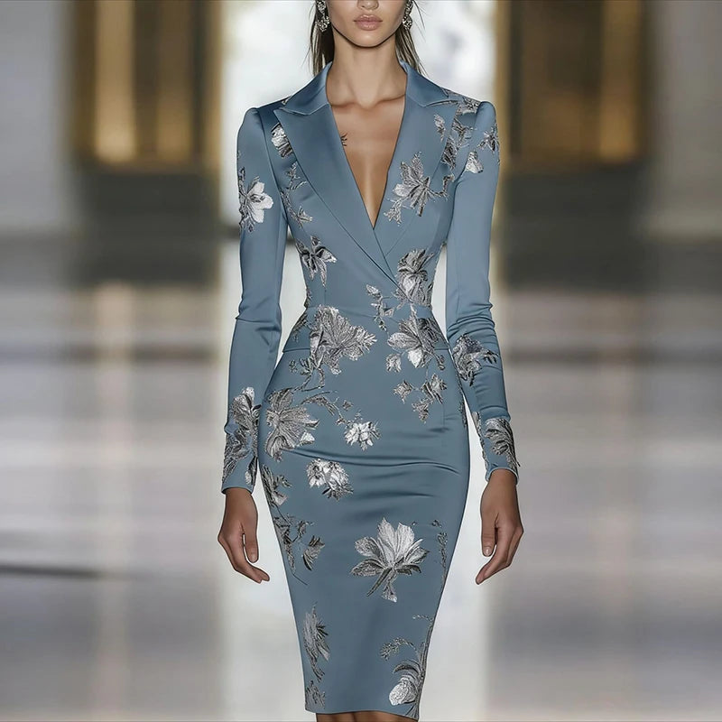 Woman Clothes Dresses 2025 Spring Floral Print Bodycon Elegant Evening Dress Autumn Long Sleeve Turn-down Collar Commute Dresses