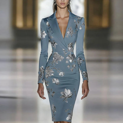 Woman Clothes Dresses 2025 Spring Floral Print Bodycon Elegant Evening Dress Autumn Long Sleeve Turn-down Collar Commute Dresses