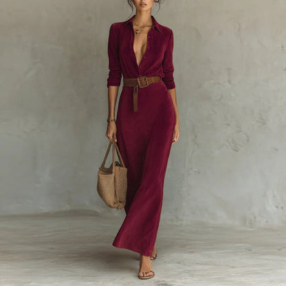 Woman Clothes Dresses 2025 Autumn Suede Waist Long Shirt Collar Elegant Dress With Belt Elegant Party Dresses Female Clothing