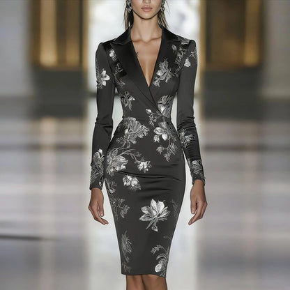 Woman Clothes Dresses 2025 Spring Floral Print Bodycon Elegant Evening Dress Autumn Long Sleeve Turn-down Collar Commute Dresses