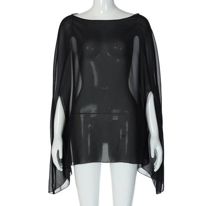 Woman Clothes See-through Chiffon Blouses Sexy Fashion Solid Cover-ups Ladies Elegant Night Club Tops White Black Streetwear