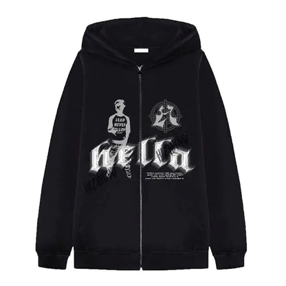 Women's Black Zip Hoodie - Street Hip Hop Goth Harajuku