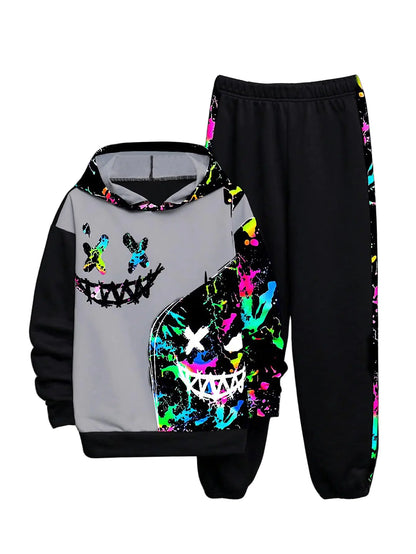WDIRARA Boys 2 Piece Outfits Colorful Graphic Print Long Sleeve Hoodie and Sweatpants Set Tracksuit Black 10Y