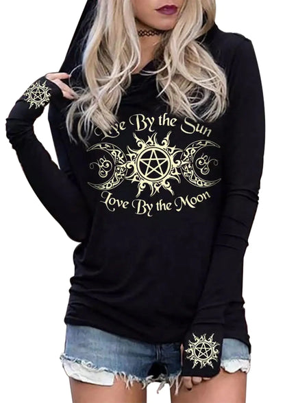 Long Sleeve Gothic Hoodie for Women Live by The Sun Love by The Moon Hoodie Shirts Tops Gothic Novelty Graphic T-Shirt (XL Black)