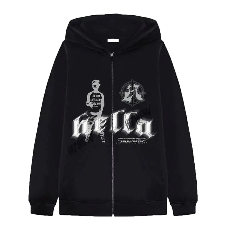 Women's Black Zip Hoodie - Street Hip Hop Goth Harajuku