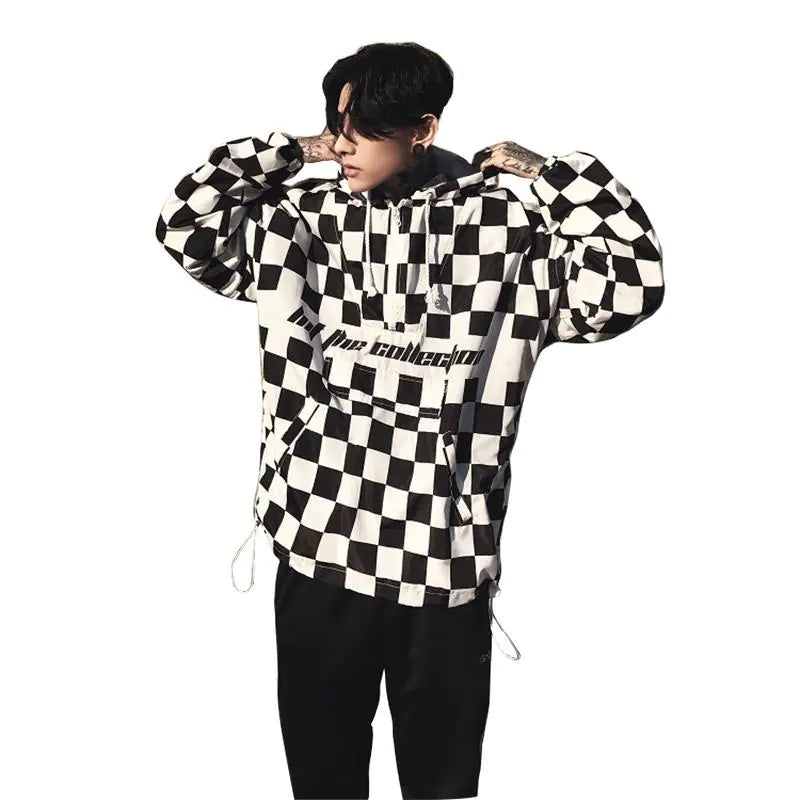 Black and White Checkered Hoodie, Casual Cotton Sweatshirt