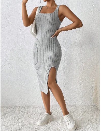 Sleeveless Slit Dress - Solid Color Bodycon Long Dress