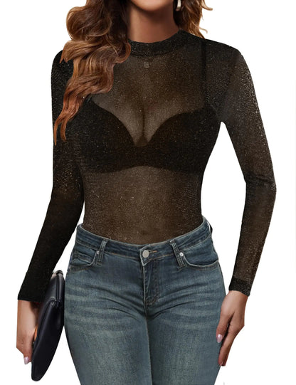 Zeagoo Black Lace Top Long Sleeve Shirt for Woman Mock Neck Mesh Layering See Through Going Out Tops Slim Blouse