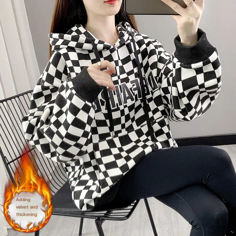 Black and White Checkered Hoodie, Casual Cotton Sweatshirt