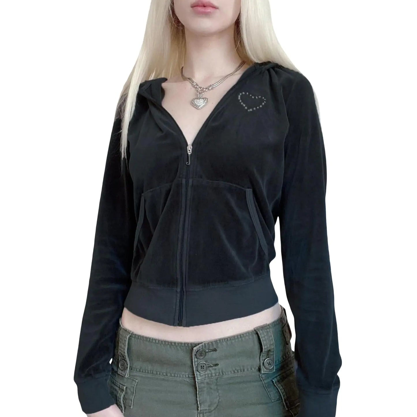 Multitrust Women Velvet Crop Zip Up Hoodie Jacket Long Sleveve Y2K Casual Fall Hoodies Sweatshirt with Pocket Winter Outfits (Heart Black S)