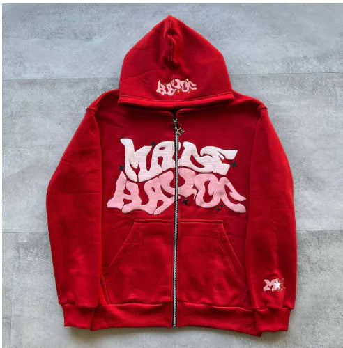 Y2K Plus Size Pink Printed Zipper Hoodie (One Item)