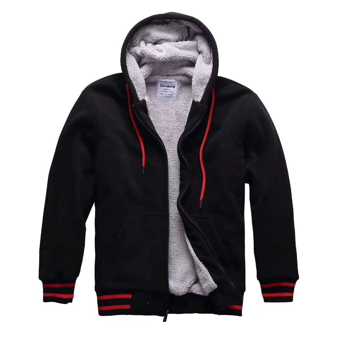 Zusmen Mens Winter Warm Fleece Zipper Jacket Outwear Casual Hoodie Sweatshirts Jacket Hoody Coat Wool Thicken Tops For Men(Black S)