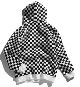 Fashionable Black and White Checkered Hoodie for Couples