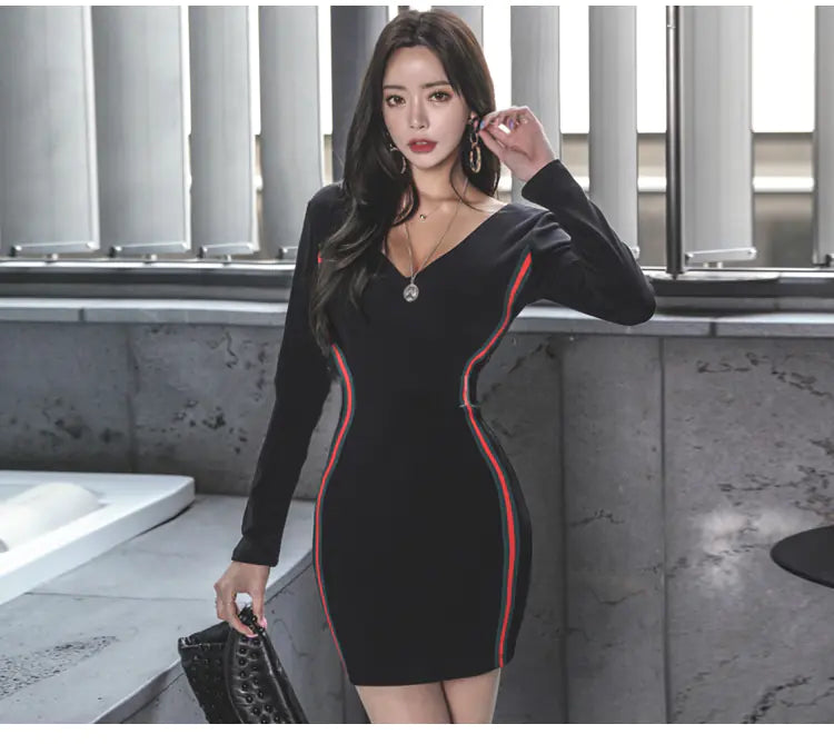 Long Sleeve Dress, V-Neck Dress, Bodycon Skirt, Korean Style Dress